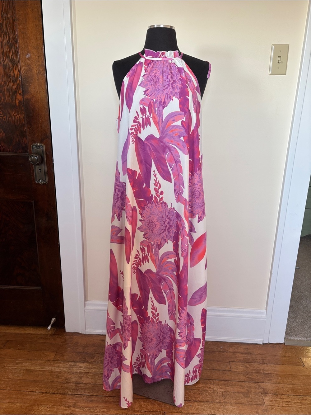 Women’s Tropical Halter Maxi Dress Colorful Vibrant Belted Palms Wedding Guest